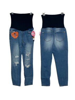 Indigo Poppy Maternity Distressed Skinny Jeans Medium Dark Wash Belly Band SZ-M